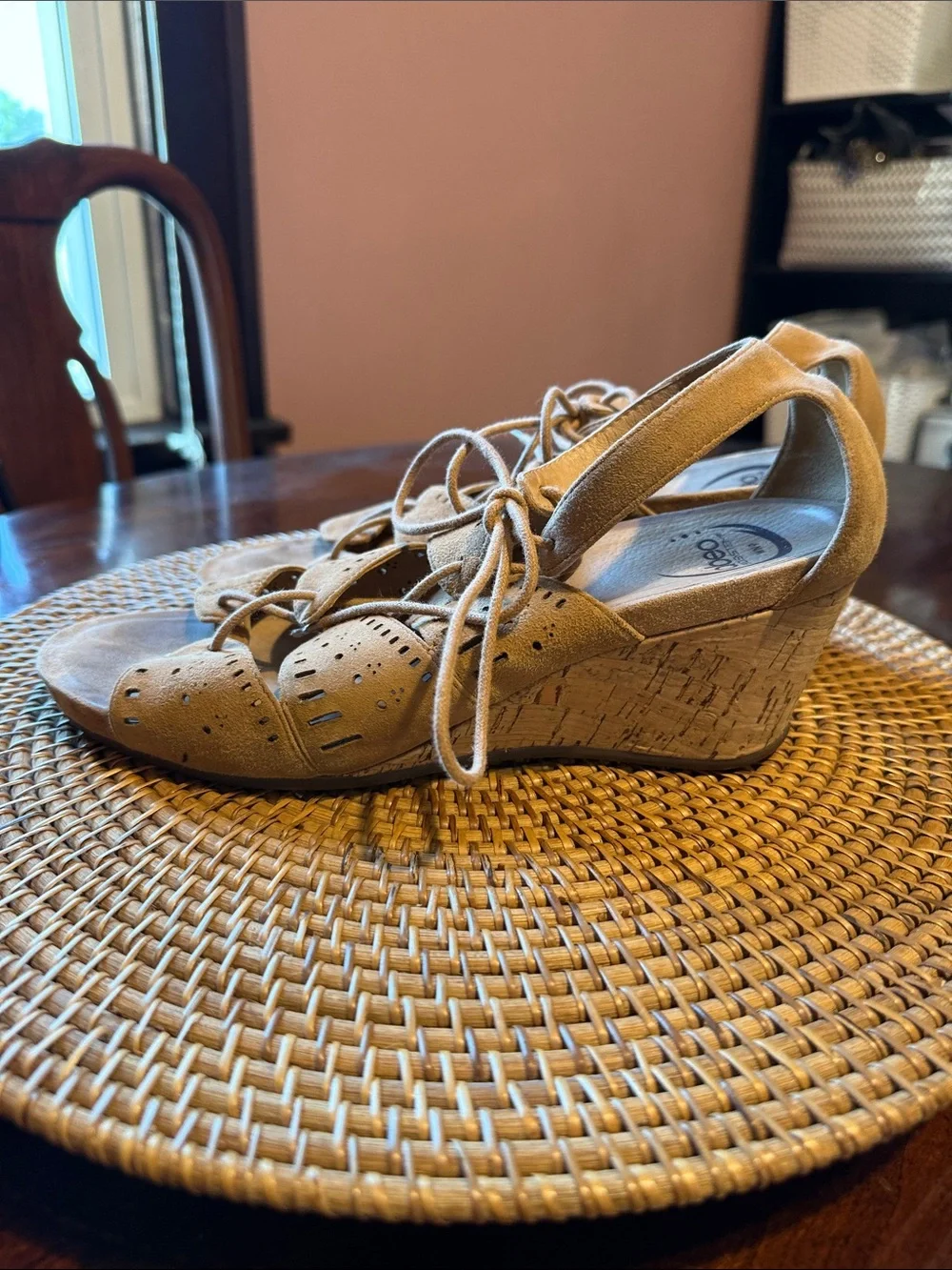 Abeo Tan Suede Lace-Up Cork‎ Wedge Sandals